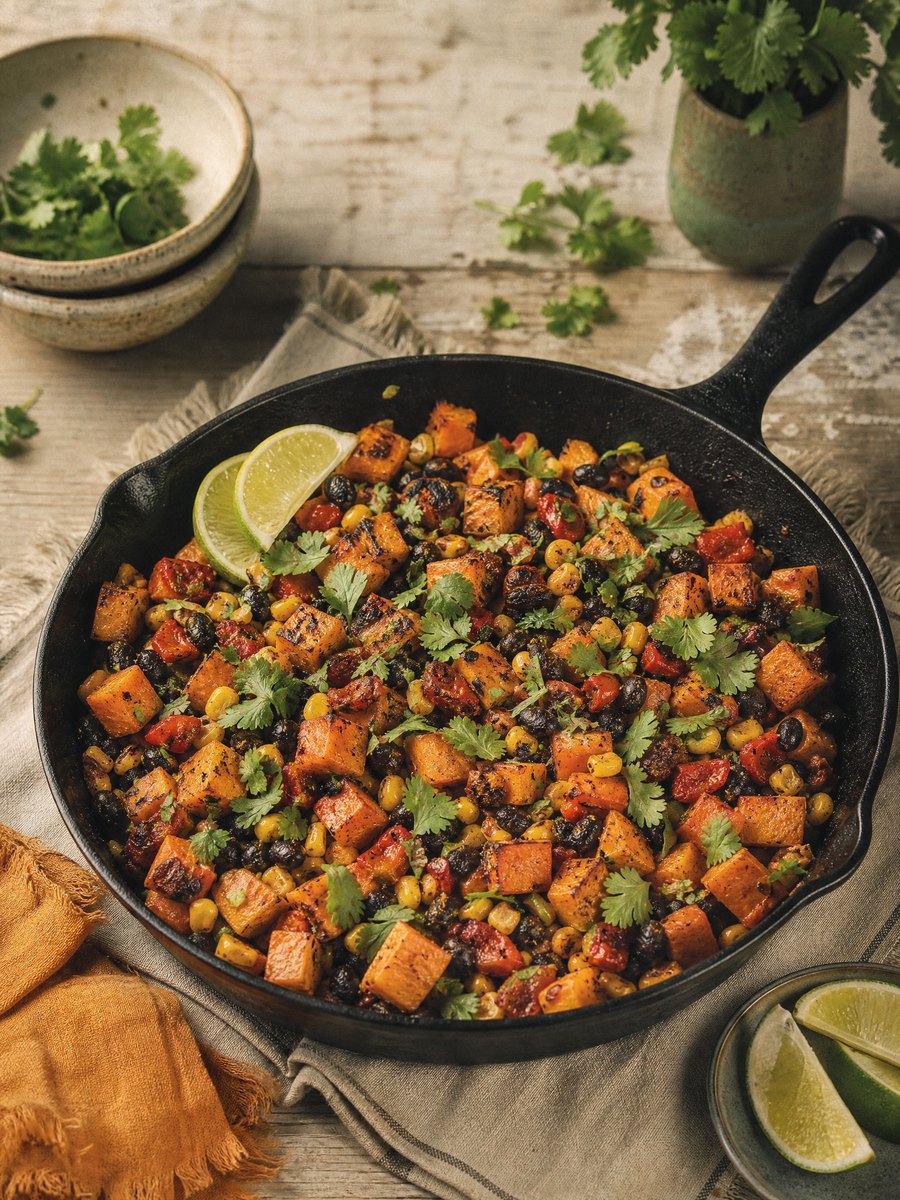 A cast iron skillet filled with diced roasted sweet potatoes, black beans, and corn, garnished with fresh cilantro and lime wedges, resting on a wooden table.