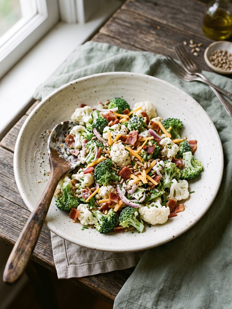 A large ceramic serving bowl filled with blanched broccoli and cauliflower florets, crumbled bacon, red onion, and sunflower seeds, coated in a creamy dressing, set on a wooden table.