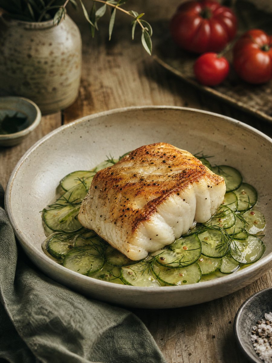 A seared cod fillet resting on a bed of warm, thinly sliced cucumbers in a shallow ceramic bowl, set on a wooden table.