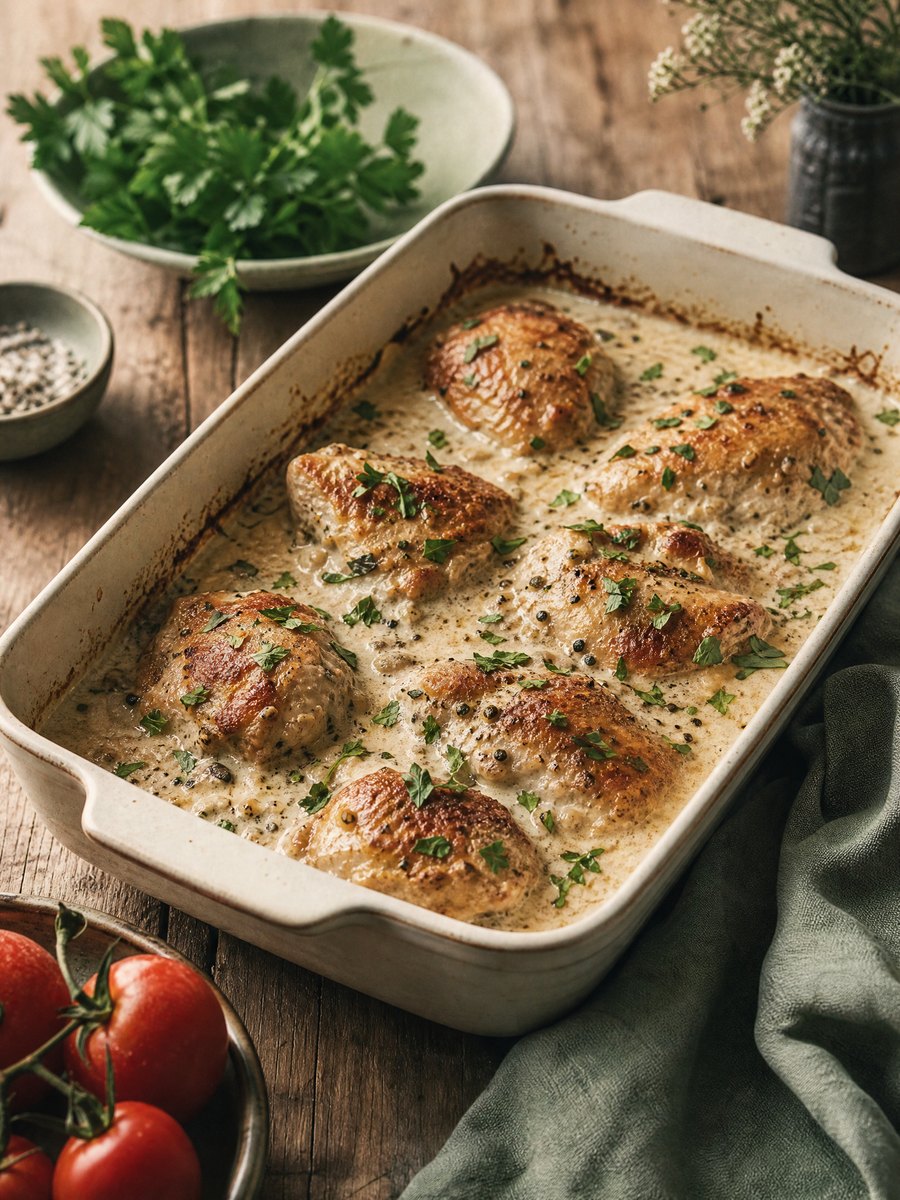 A rectangular ceramic baking dish filled with golden-brown chicken pieces in a thick, creamy white sauce, garnished with fresh parsley on a wooden table.