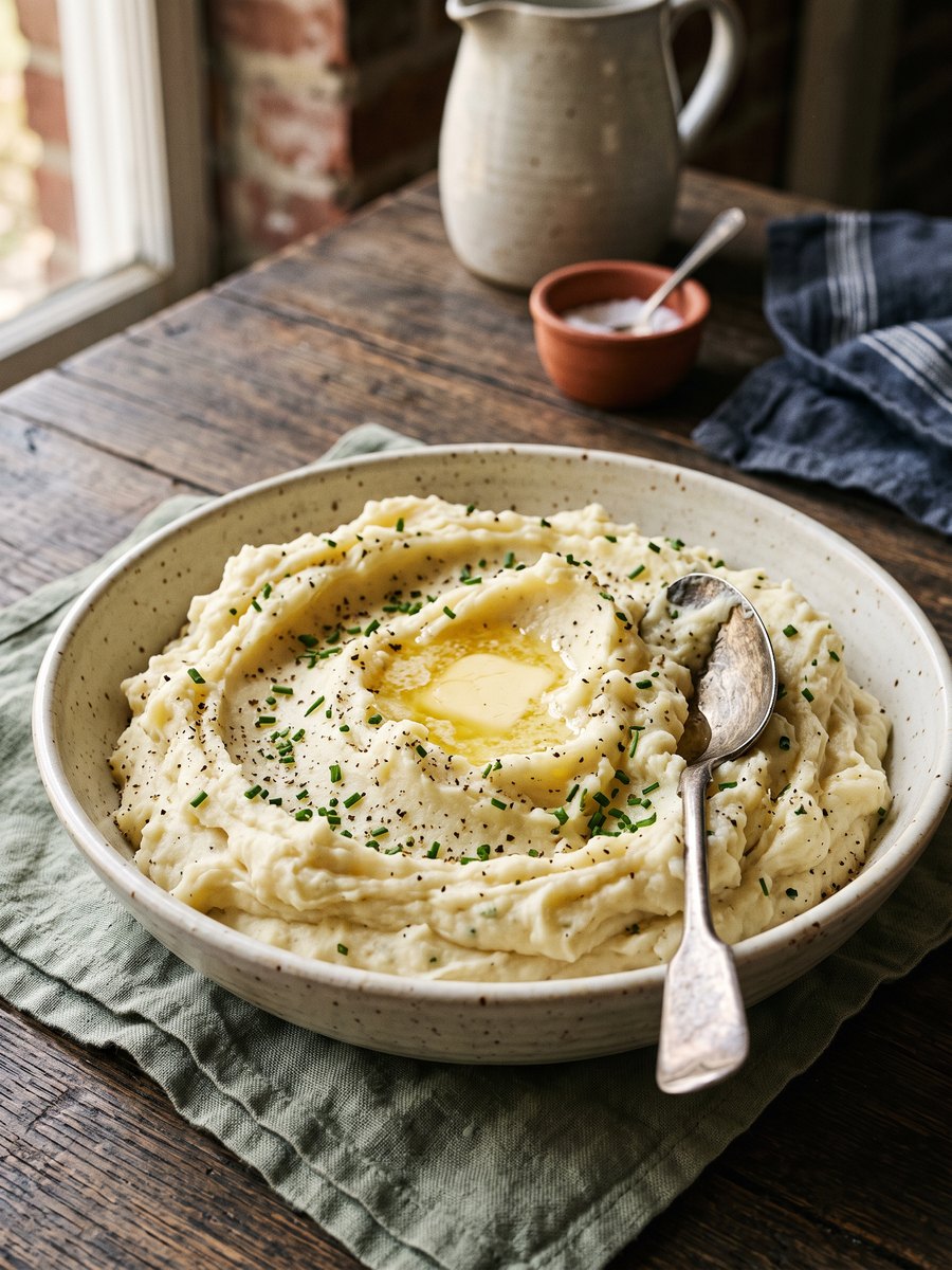 A large ceramic serving bowl filled with smooth mashed potatoes, topped with a melting pat of butter and a sprinkle of black pepper, sitting on a wooden table.