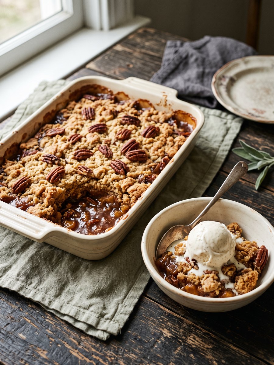 A slice of warm pecan dump cake with a golden brown crumb topping, served on a ceramic plate with a scoop of vanilla ice cream.