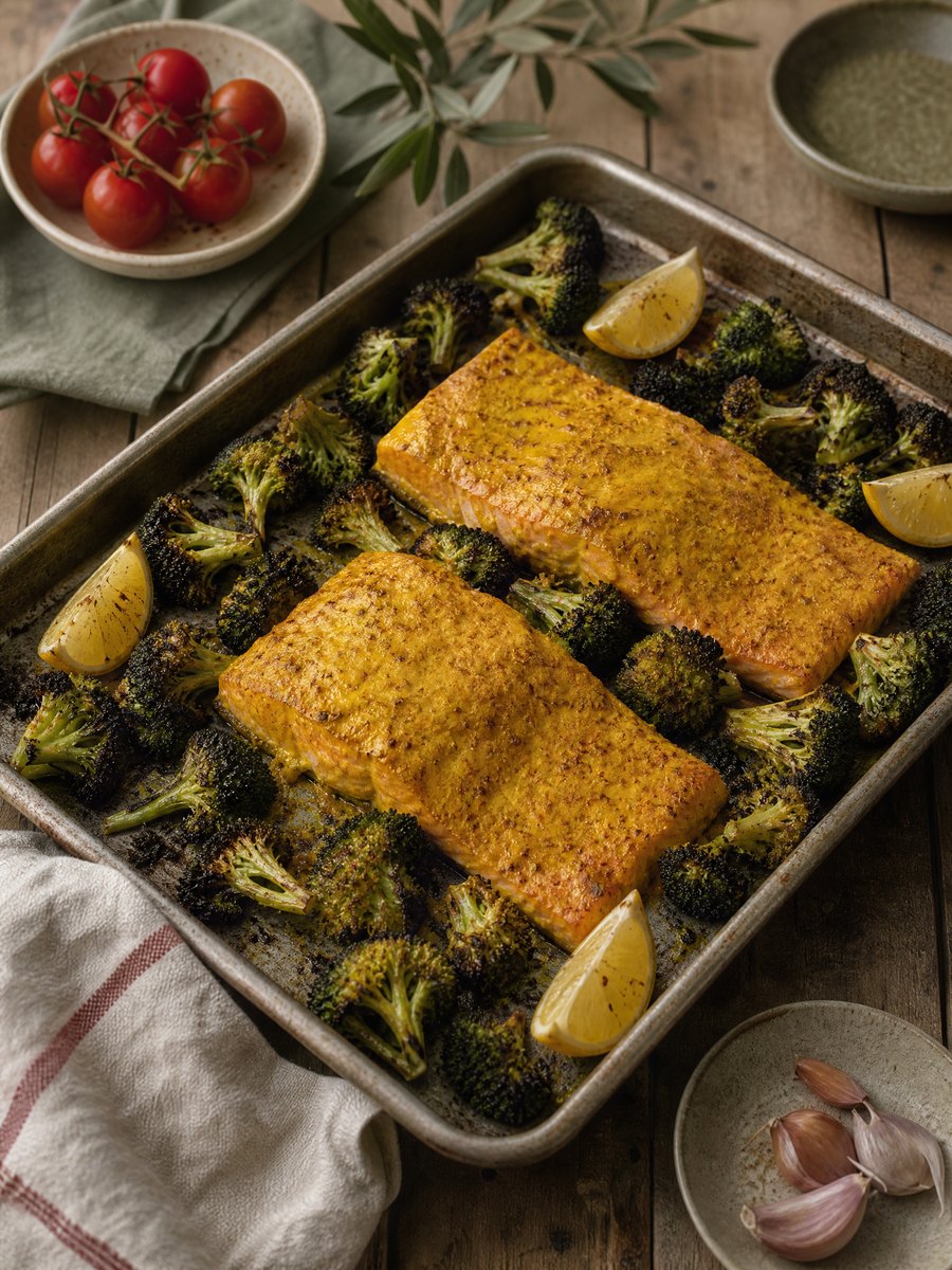 A sheet pan holding two salmon fillets coated in a yellow turmeric paste, surrounded by charred broccoli florets and lemon wedges on a wooden table.