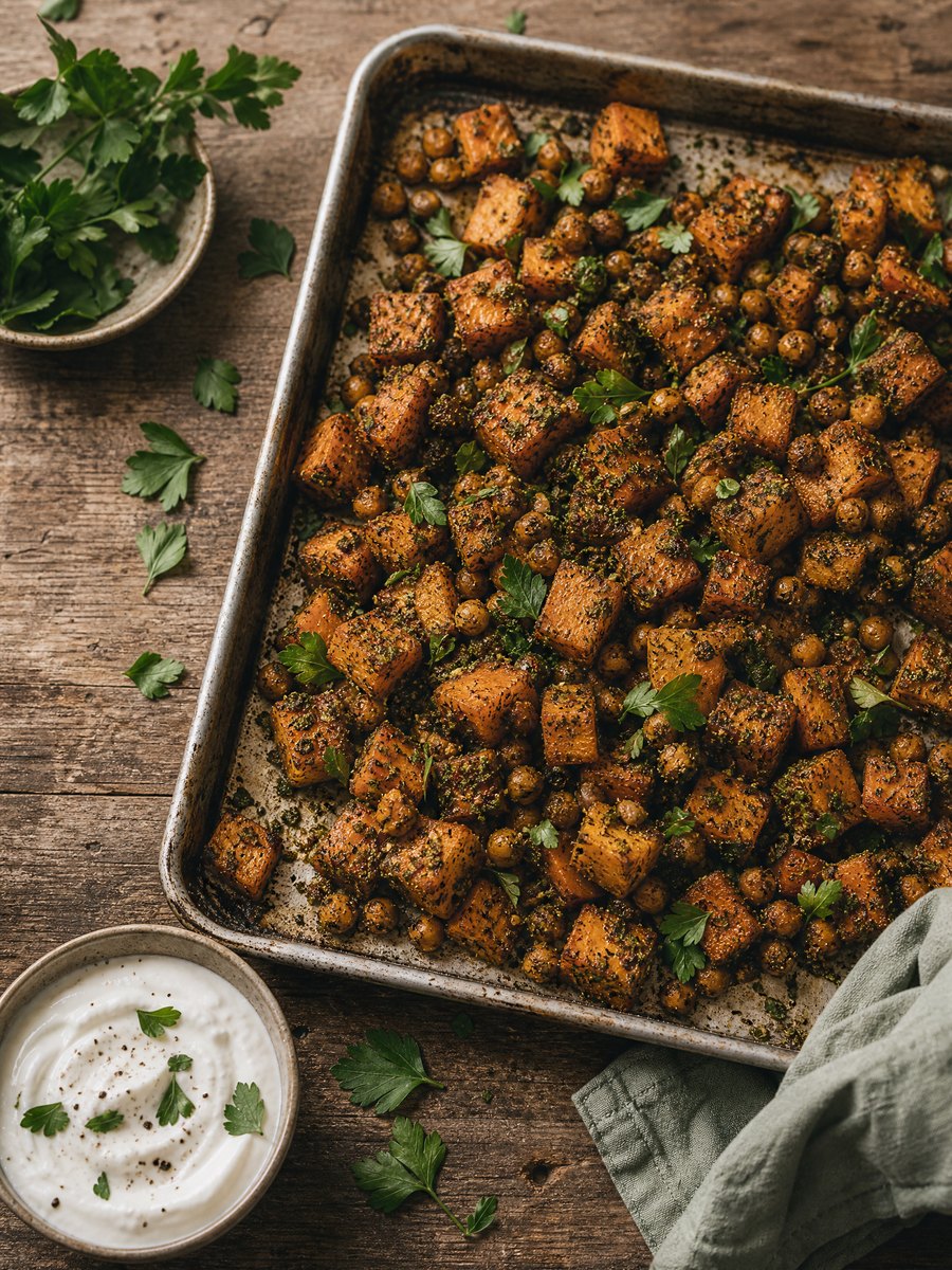 A rimmed metal baking sheet filled with roasted butternut squash cubes and crisped chickpeas, coated in a dark green spice blend, resting on a wooden table.